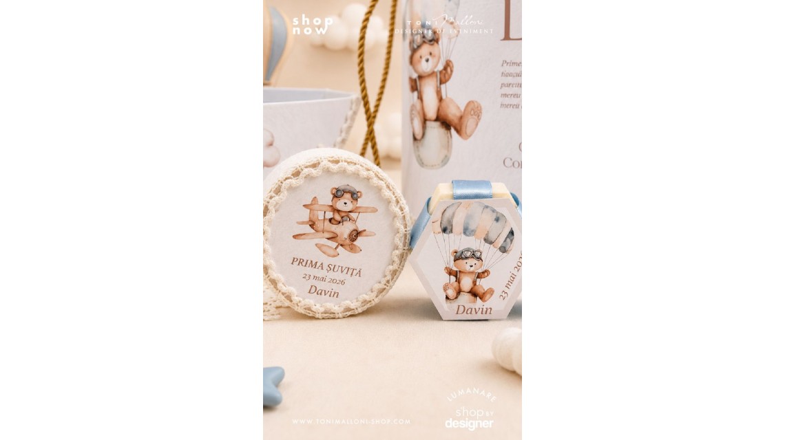 Trusou Botez Băieți Little Aviator Ursuleț Aviator Personalizat Bleu Pudrat si Ivory 3